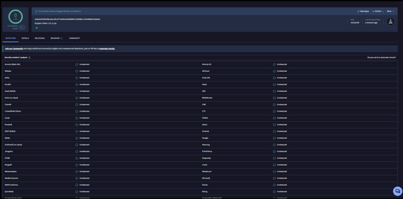 VirusTotal multi-engine analysis screenshot